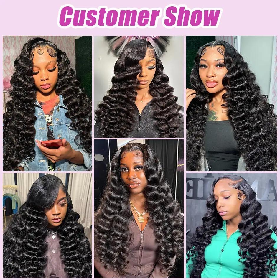 Loose Deep Wave Lace Front Wigs Human Hair 200 Density Glueless Wigs for Women Blended Hair Loose Wave 13x4 HD Transparent Lace Front Wigs Pre Plucked with Baby Hair Natural Black Color