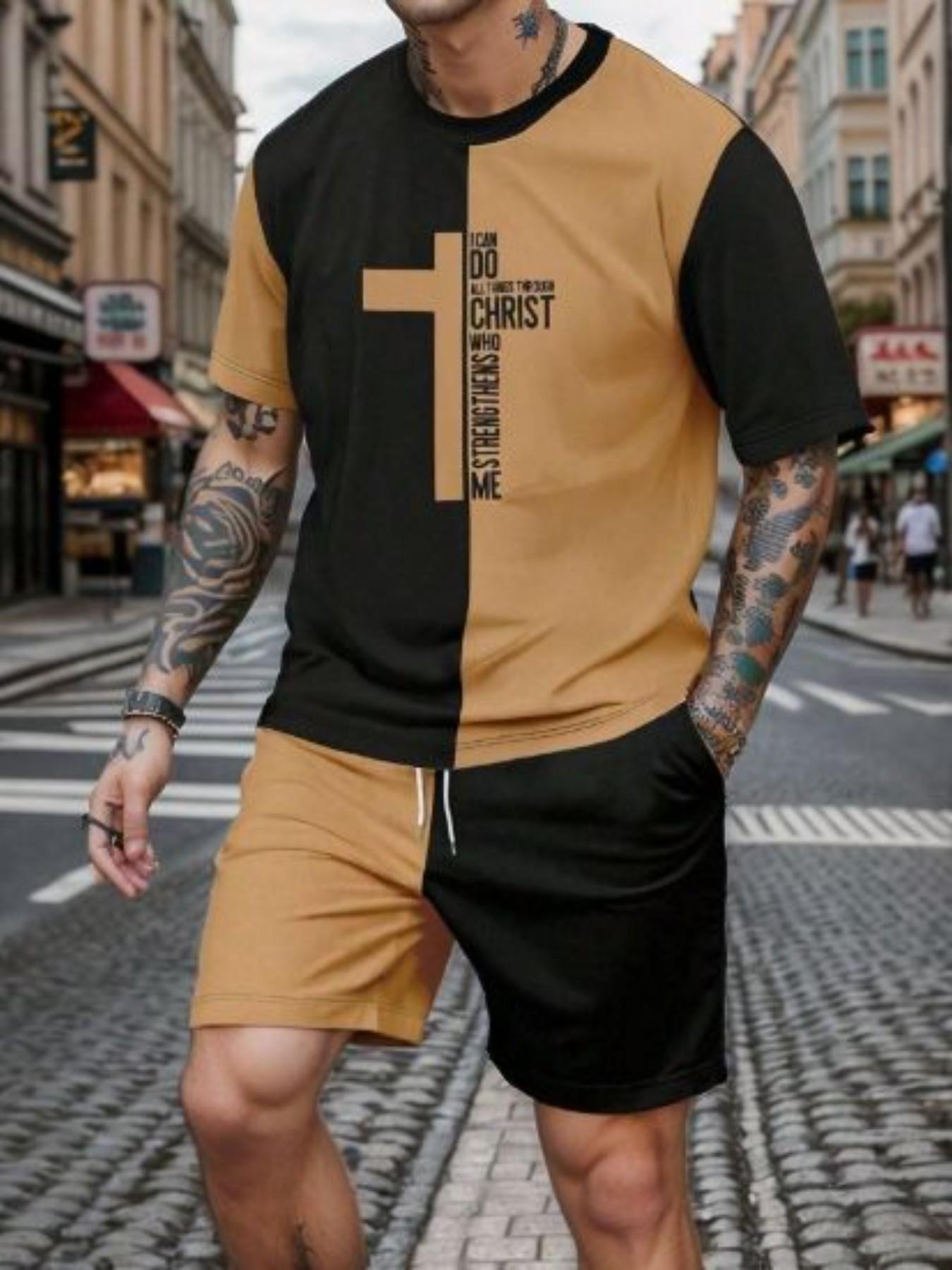 Men's Summer Letter & Cross Patchwork Print Short Sleeve T-Shirt and Shorts Set, Casual Fitted Above the Knee Suit, 2 Piece