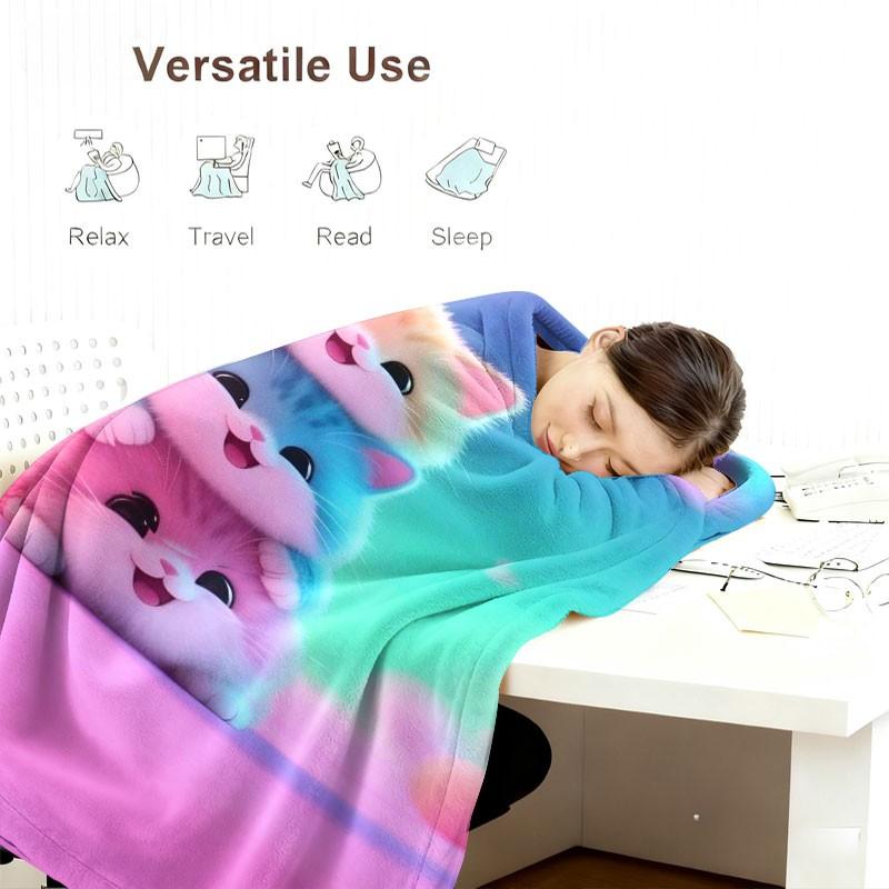 Rainbow Three Cats Pattern Blanket, Soft Warm Plush, Cute Cartoon Design, Home Bedroom Essential, Multi-Purpose
