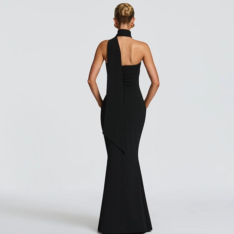 Women‘s Black Tie-neck Dress, Solid Ruched Sleeveless Strapless Backless Tube Dress & Halter Neck Scarf Ribbon Two-piece Set, Plain Back Zipper Maxi Long Dresses, Sexy Cocktail Party Club Date Evening Gown Wedding Guest Mermaid Dress Outfit For Ladies