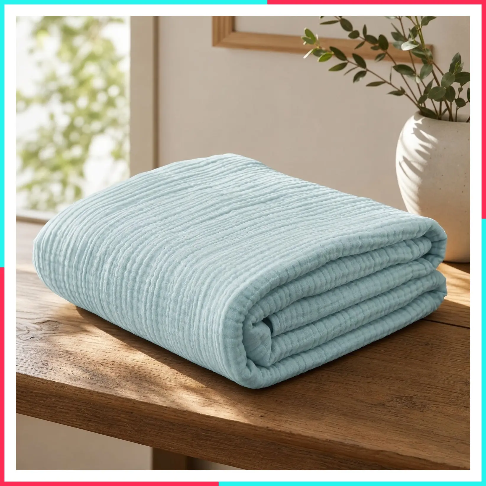 100% Cotton Muslin Blanket, 6-Layer Lightweight Breathable Gauze, King Size 108 x 90 Inches, Soft Summer Blanket for Bed, Cyan