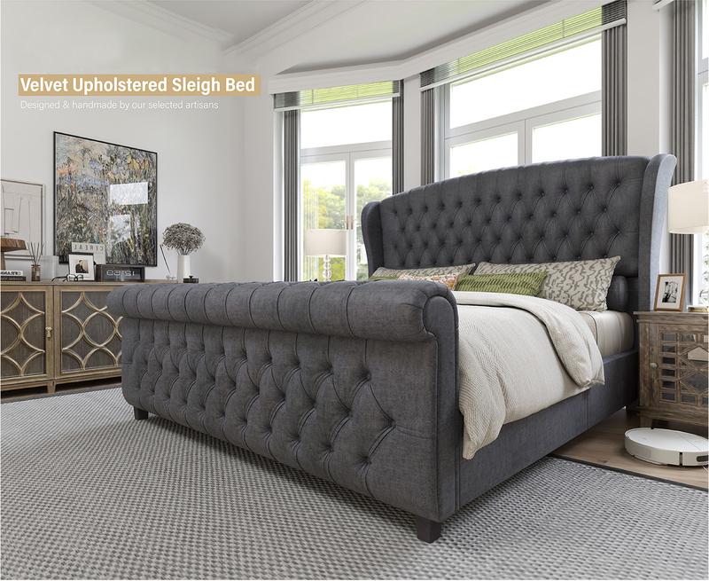 VanAcc Platform Bed Frame, Velvet Upholstered Sleigh Bed with Scroll Wingback Headboard & Footboard/Button Tufted/No Box Spring Required/Easy Assembly