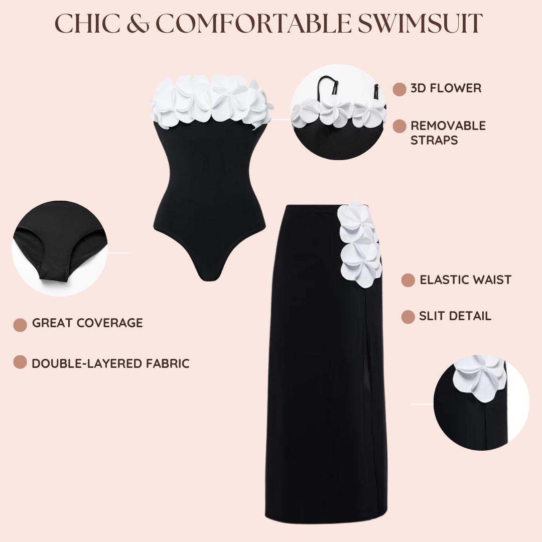 FLAXMAKER Women's 3D Flower Black and White Color Block One Piece Swimsuit and Matching Cover Skirt Set Swimming Dress Swimwear Bathing Suit Stylish Beachwear #TikTokShopBlackFriday SpringStatements