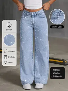 Y2K Style Rhinestone Wide Leg Jeans for Women, Mid-Waist Loose Shimmer Long Pants, All Seasons Casual Office Wear