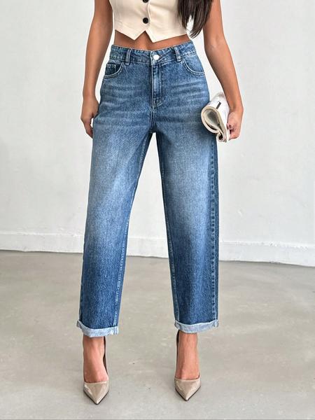 OBLue Jeans Retro High Waist Straight Leg Jeans for Women, Loose Fit with Rolled Hem for Slim Look and Style, High Waisted Denim