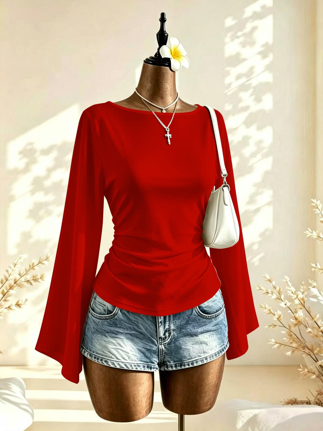 French Lazy Style Plain Color One-Shoulder Bell Sleeve Top, Side Pleat Waist Slimming Commuter Shirt, Choose 1/2 Pieces