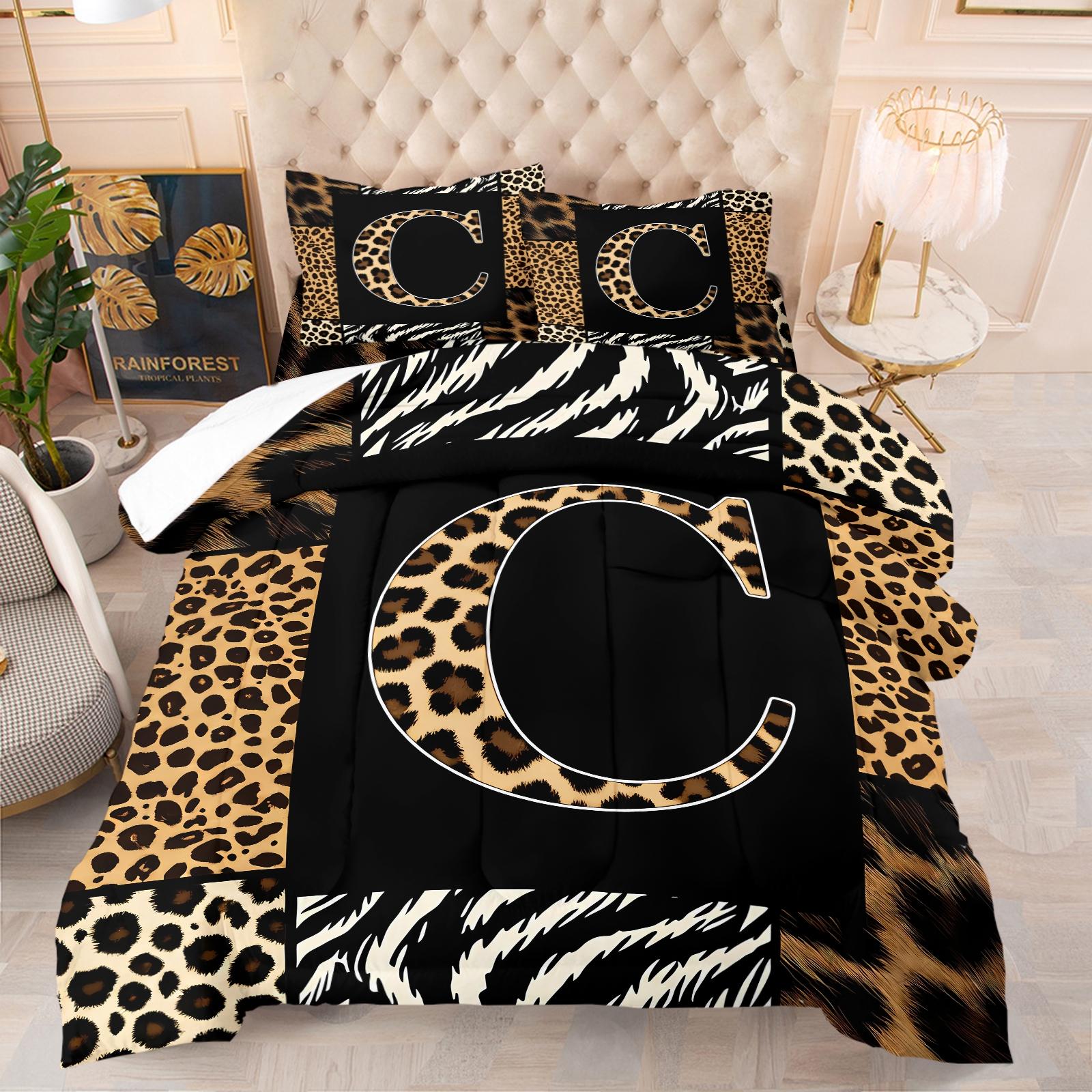 Wild Patchwork First Letter Print Comforter Set & 1-2 Pillowcases No Core, Leopard Print Letters A-Z, Zebra, Hair Texture Collage Pattern, Soft Warm Bedding, Wild Sexy Bedroom Decor, Ideal Gift Choice