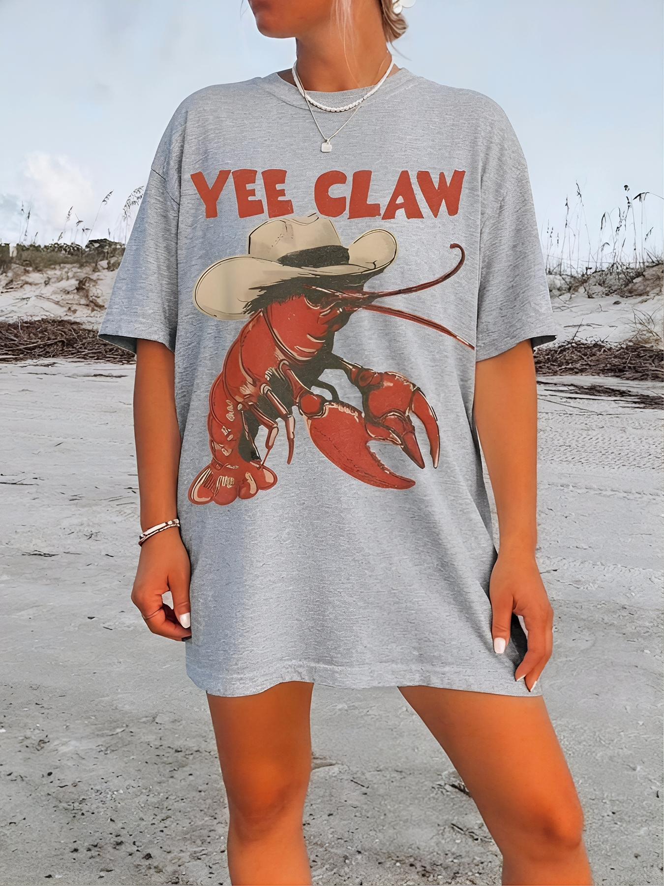 Cowboy Crawfish Vintage Oversized Graphic T-Shirt Beachwear Summer Vacation Western Style Funny Lobster Tee Casual Streetwear Coastal Aesthetic Soft Trendy Outfit Women Holiday Fashion Cute Graphic Tee Comfortable Loose Fit Summer Top Beach Outfit Street