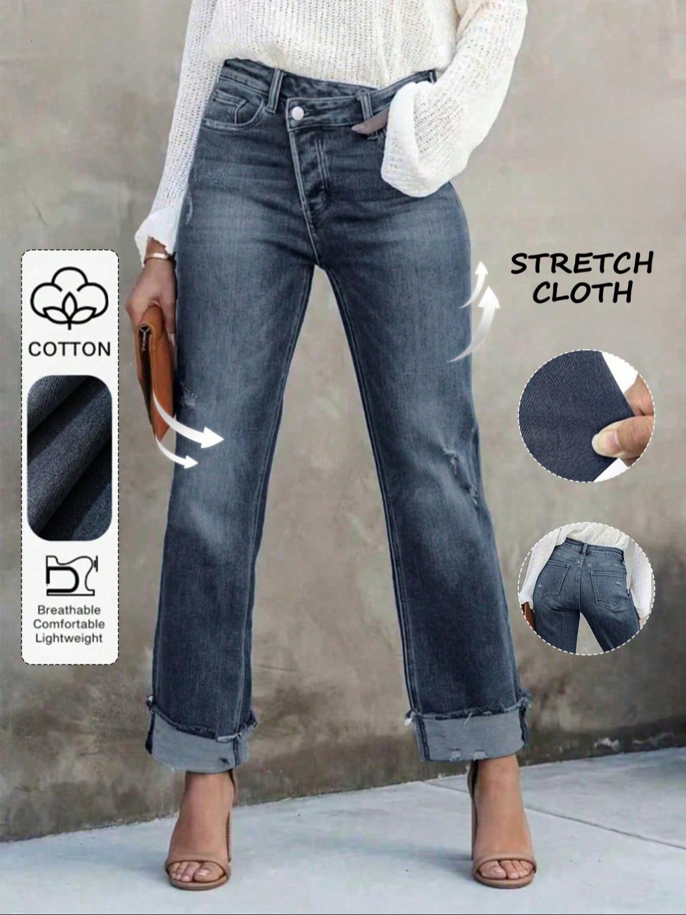 Women's Solid Color Jeans, Casual Comfy Denim Pants for Daily Wear, Ladies Bottoms for All Seasons