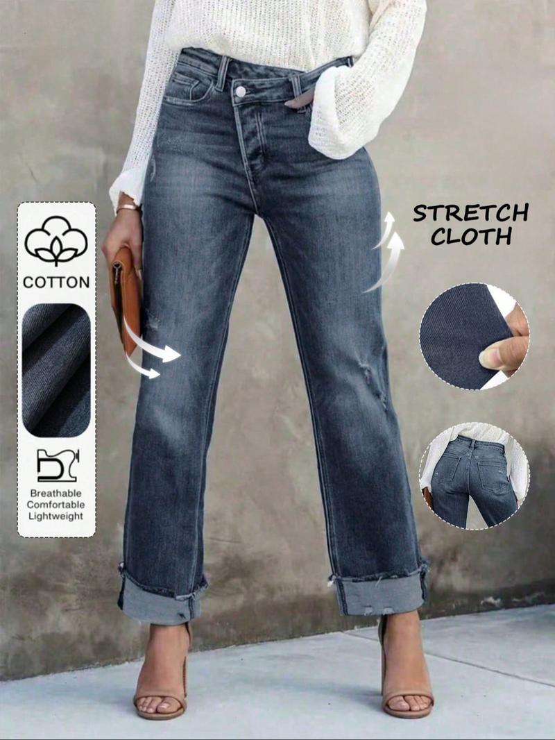 Women's Solid Color Jeans, Casual Comfy Denim Pants for Daily Wear, Ladies Bottoms for All Seasons