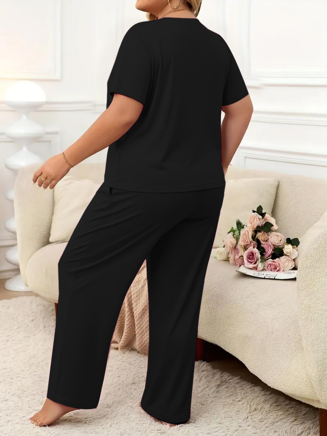 Women's Plus Size Spring Summer Fashion Print Round Neck Short Sleeve T-Shirt & Wide Leg Pants Two-Piece Set, Casual Pocket Design Women's Plus Size Spring Summer Fashion Print Round Neck Short Sleeve T-Shirt & Wide Leg Pants Two-Piece Set, Casual Pocket Design