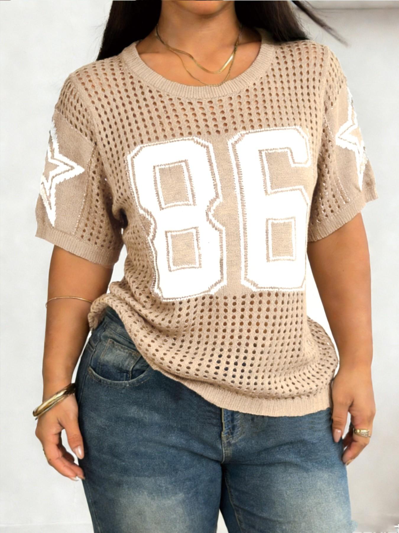 Plus Size Women's Digital Print Hollow Out Sweater, Casual Fashion Sporty Round Neck Knit Top, Summer Wear, Daily Clothing