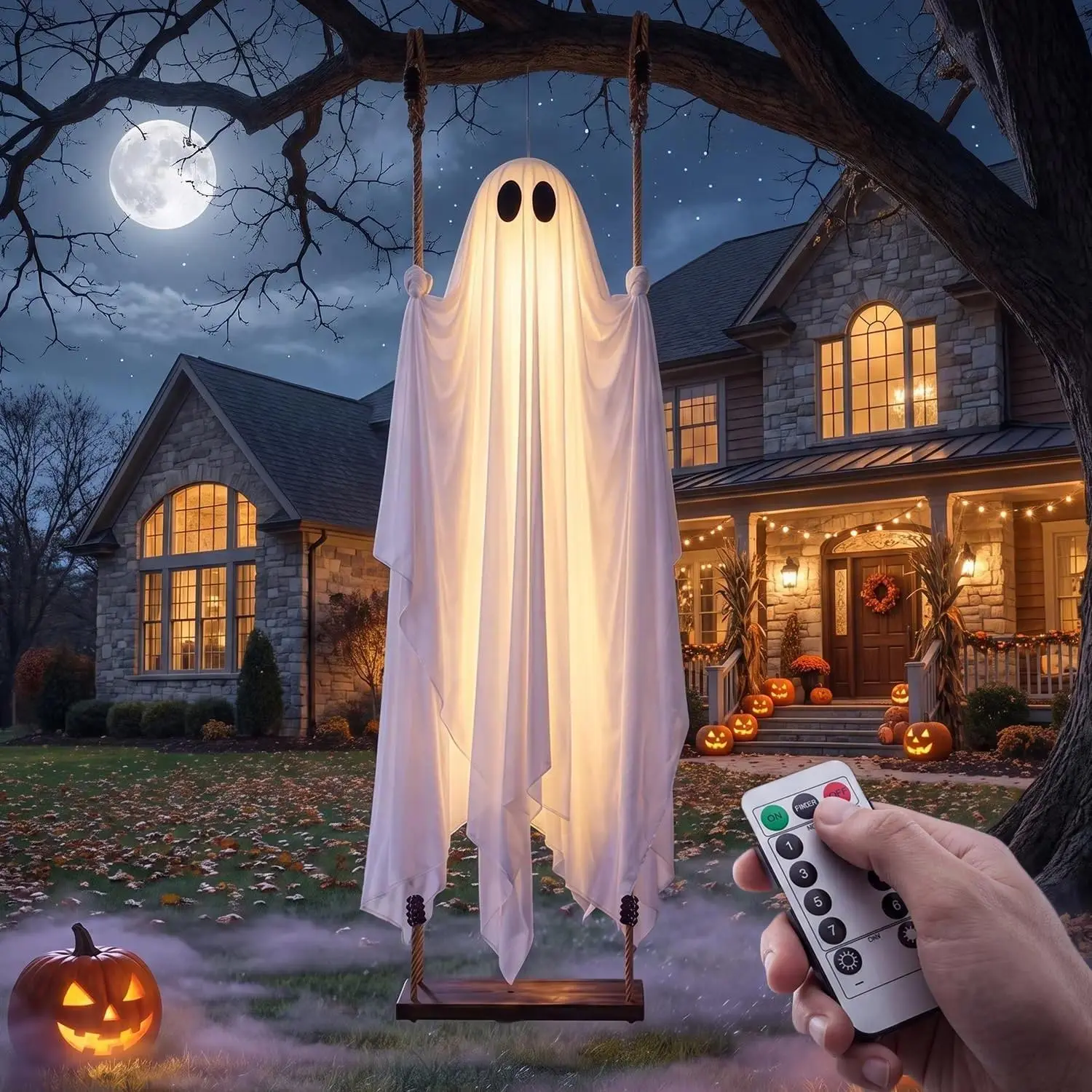 5FT Large Halloween Hanging Ghost Decoration, Remote Controlled Light-Up Swinging Fabric Ghost with Wooden Base for Outdoor Yard Front Porch & Tree, Spooky Holiday Prop & Yard Display Party Supplies