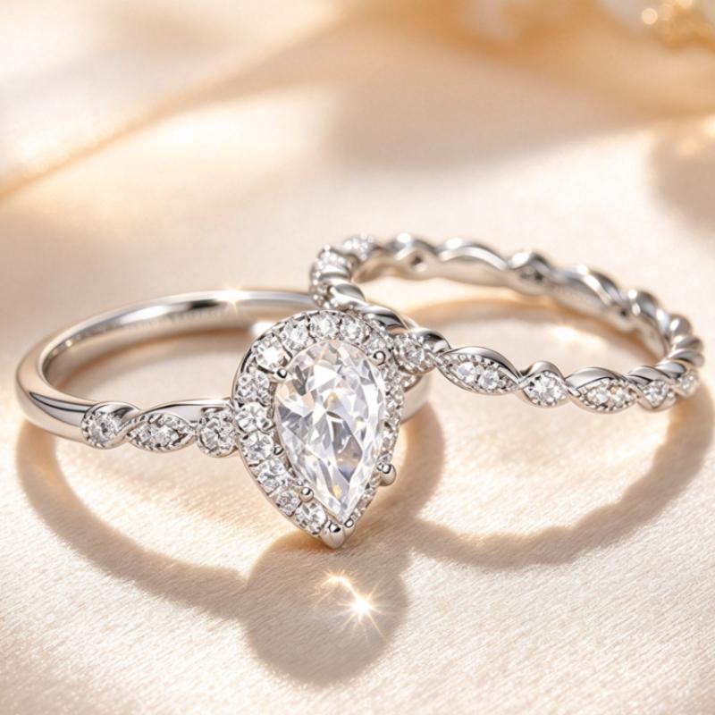 2Pcs Pear Shape Halo Ring Set, Twisted Stackable Bridal Ring Set, Gift for Valentine's Day Christmas Engagement Anniversary Wedding Daily Wear