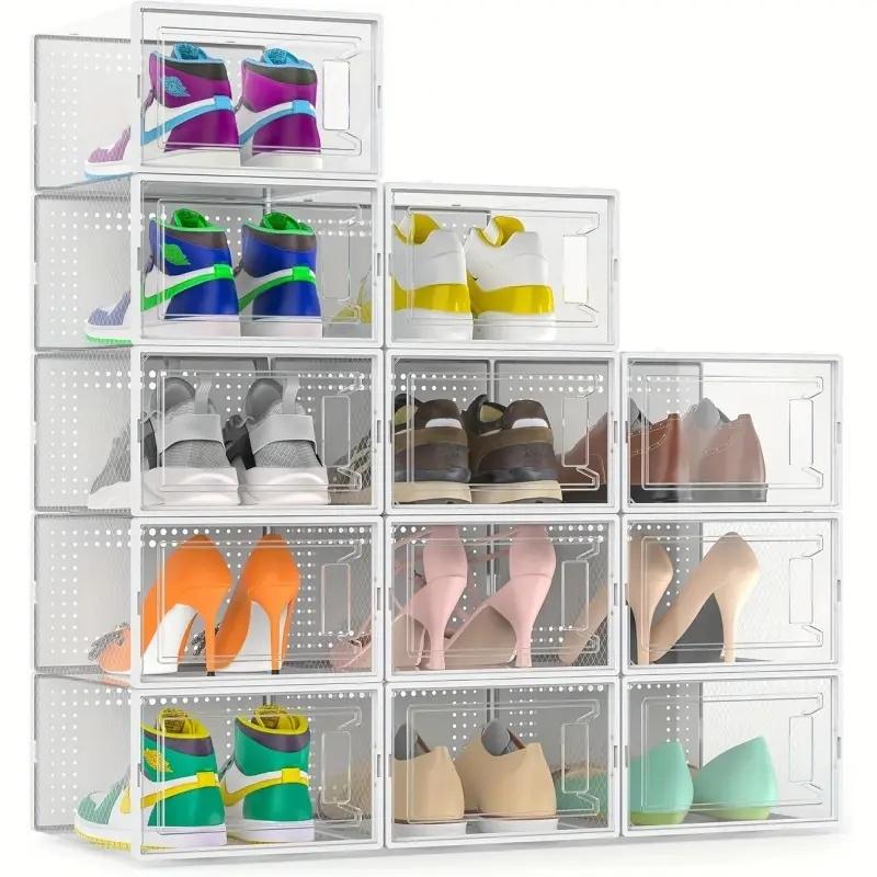 12-Pack Extra Large Shoe Storage Boxes, Transparent Plastic Stackable Organizer, Space-Saving Sports Shoes Rack for Closet, Entryway, Under Bed