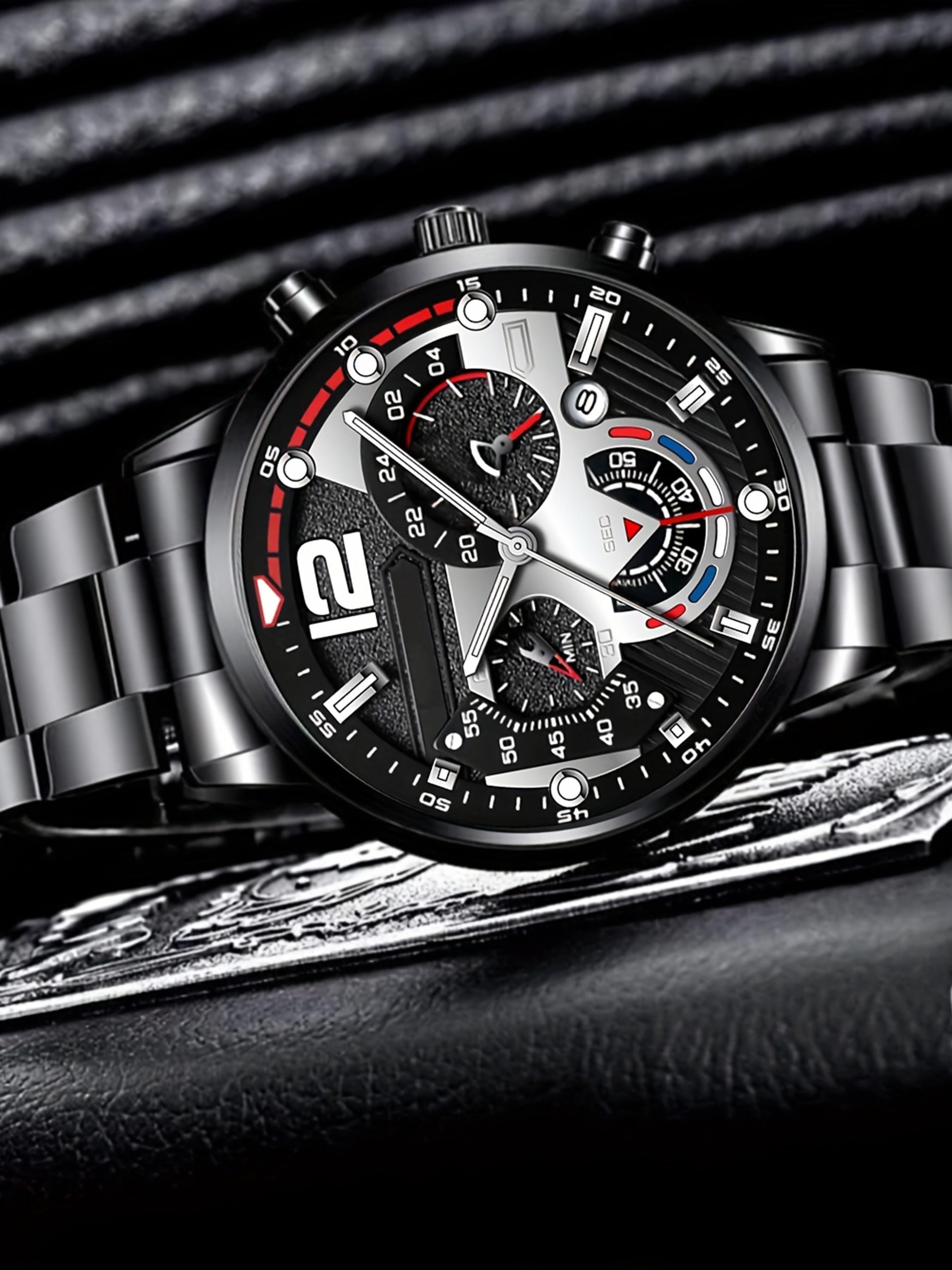 Men's Luxury Steel Watch Keychain Wallet Set, Analog Quartz Movement, Elegant Gift Box, Perfect for Christmas Valentine's Day Birthday