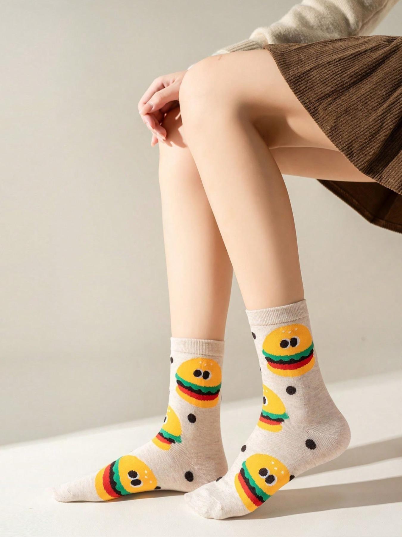 Kids Crew Socks Set, Unisex Cartoon Burger & Fries Pattern, Comfortable Soft Mid-Calf Socks, Casual Daily Wear, All Seasons