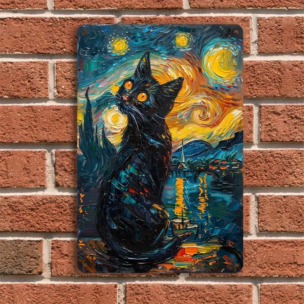 Van Gogh-Inspired Vibrant Starry Night Black Cat Oil Print, 1pc 8x12in Durable Iron Hanging Wall Art, Vintage Prints, Home Decor, Artistic Decoration, Valentine's Gift for Boyfriend