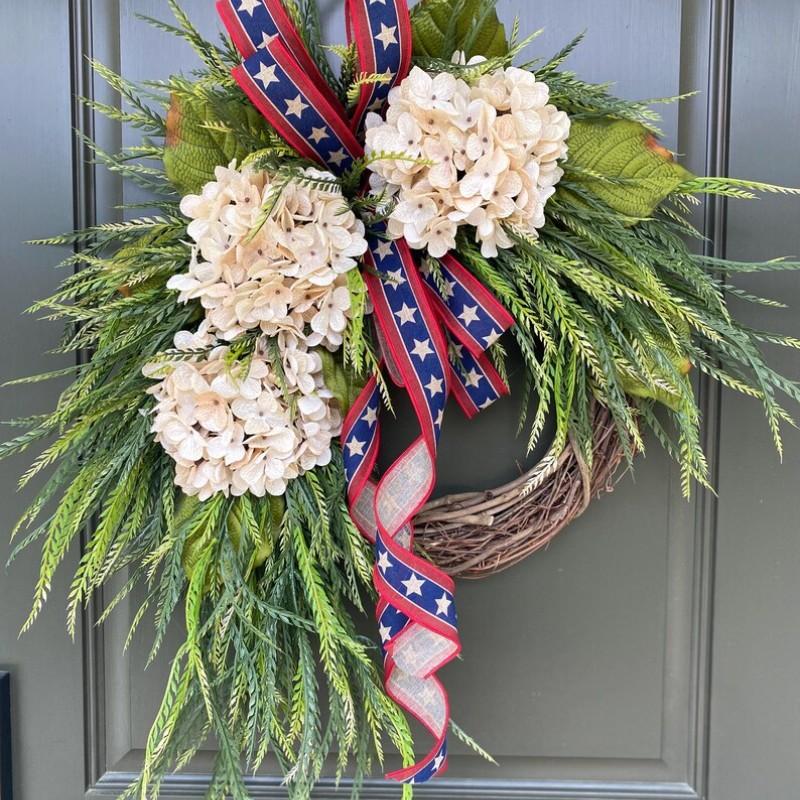 Independence Day Wreath Front Door Decoration, American Flag Bow Hydrangea Patriotic Wreath, Memorial Day Outdoor Porch Home Wall Decor