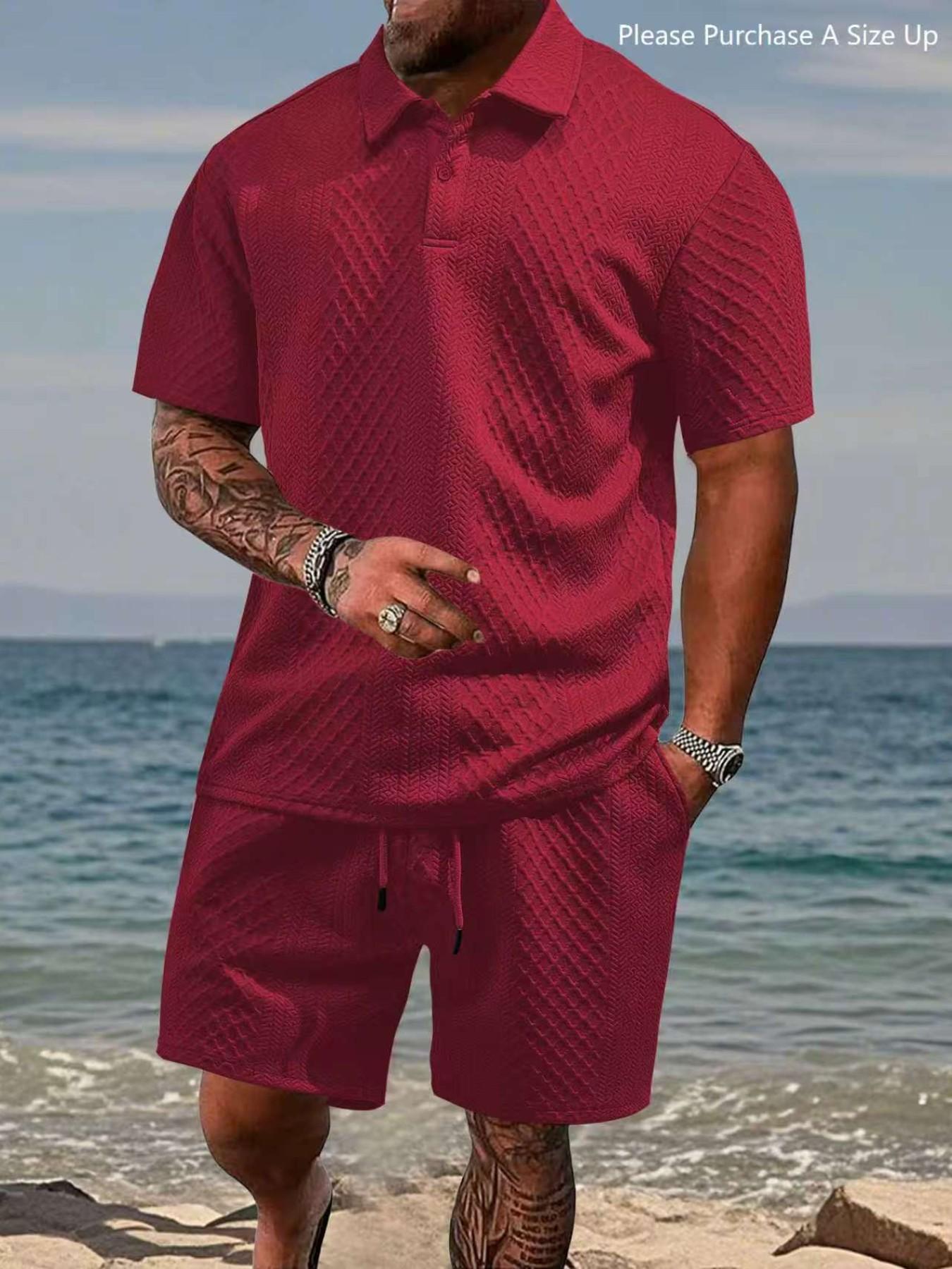 Please Purchase A Size Up. Men's Solid Polo Shirt & Drawstring Waist Shorts Set, Cozy Breathable Two-piece Outfits for Daily Outdoor Wear, Men Clothes for Summer.