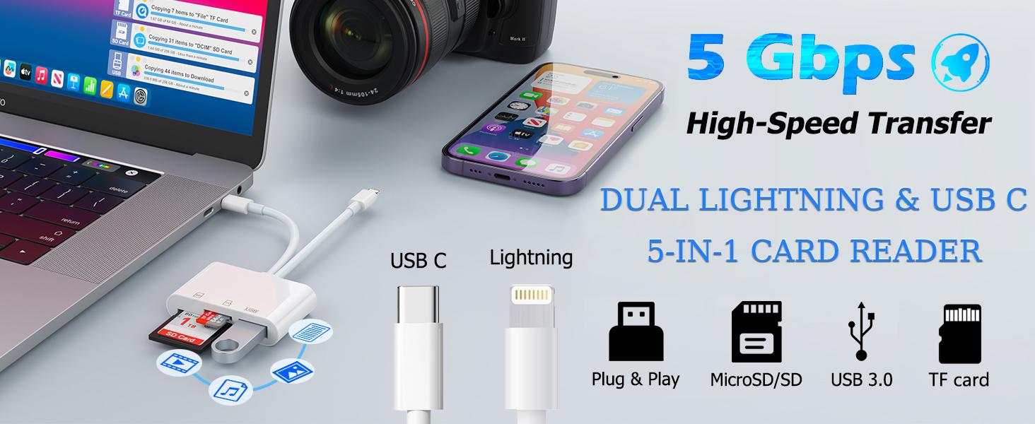 5-in-1 SD Card Reader for iPhone,iPad,Android – Dual USB-C & Lightning Adapter, Supports SD/MicroSD/USB 3.0, Fast Transfer, Plug & Play, No App Needed
