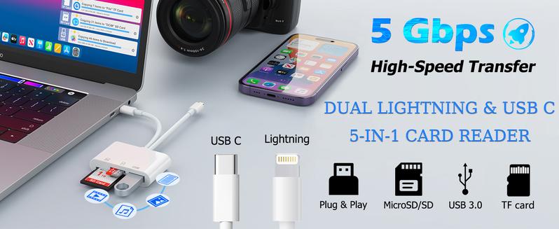 5-in-1 SD Card Reader for iPhone,iPad,Android – Dual USB-C & Lightning Adapter, Supports SD/MicroSD/USB 3.0, Fast Transfer, Plug & Play, No App Needed