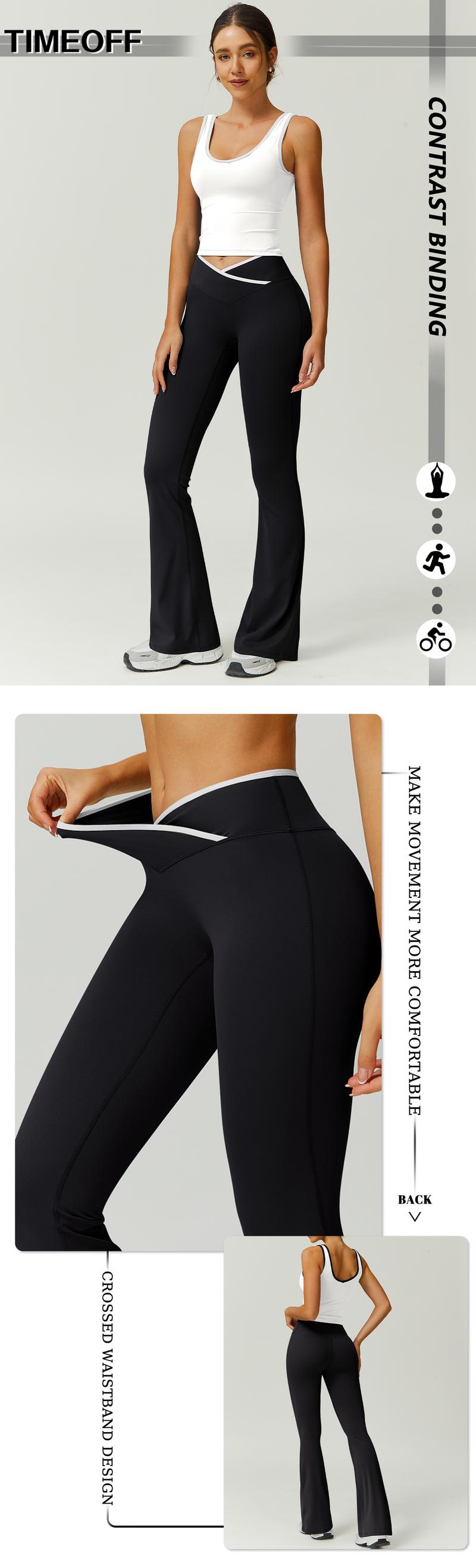 TimeOFF Two-Piece Color Block U-Neck Piped Tank & Bell Bottom Set, Deep V-Back Cutout, Contrast Binding Detail, Solves Trendy & Sculpting Need for Gym, Dance & Chic Casual Occasions,loungesetwomen,sweatsuits women,comfort sweat set