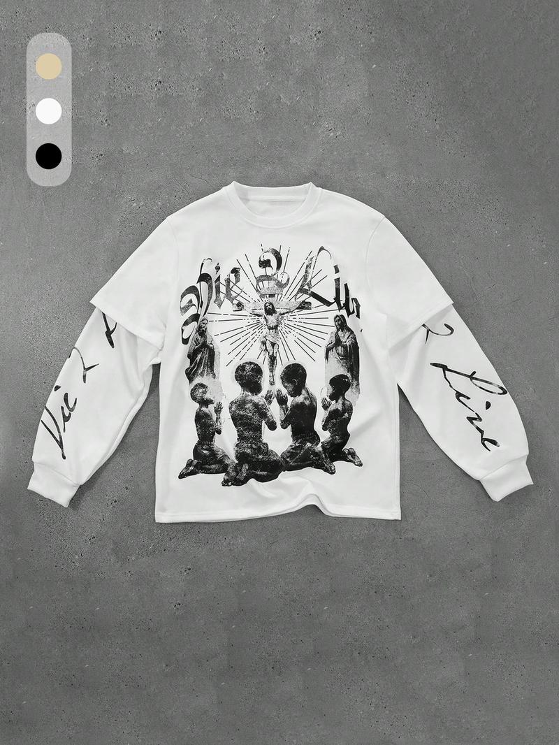 Unisex Casual Child Praying Print Pullover Sweatshirt, Fall Winter Medium Fabric, Fitted Style for Men, Women & Kids