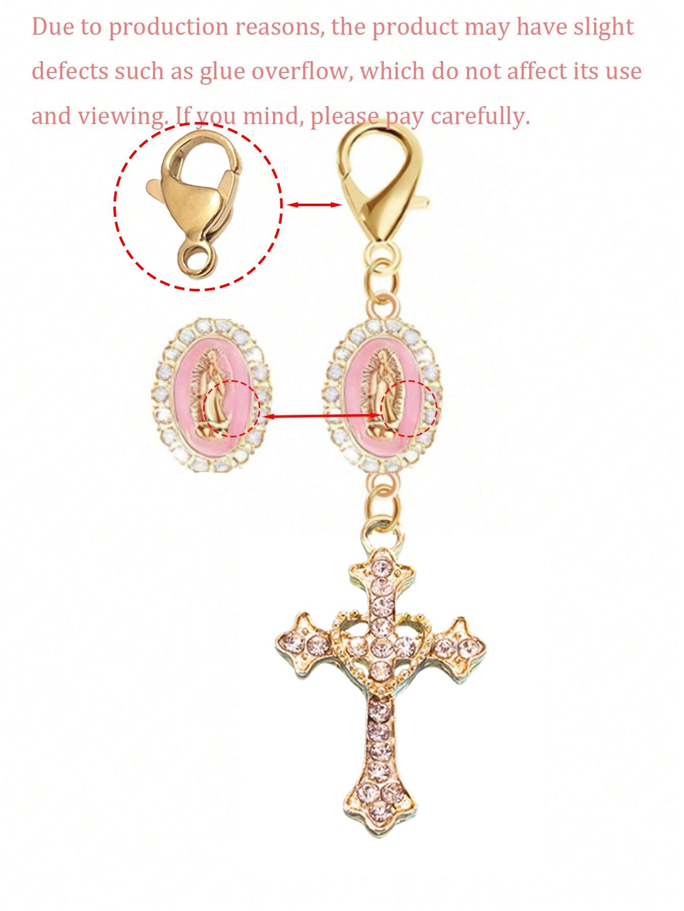 Christian Amulet Keychain With Love And Rhinestone Cross, Pendant Decorated With The Virgin Mary, Pearl And Diamond Amulet - Gothic Cross Keychain, Keychain For Bags, Bag Amulet, Cross Pendant, Decorative Wallet Backpack Accessories