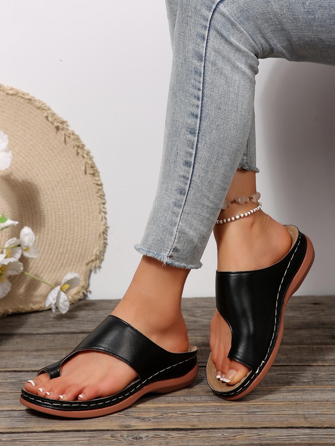 Summer Large Size Flat Toe Slip-On Sandals, Casual Breathable Lightweight Comfortable Soft Slippers for Women, PU Rubber Sole