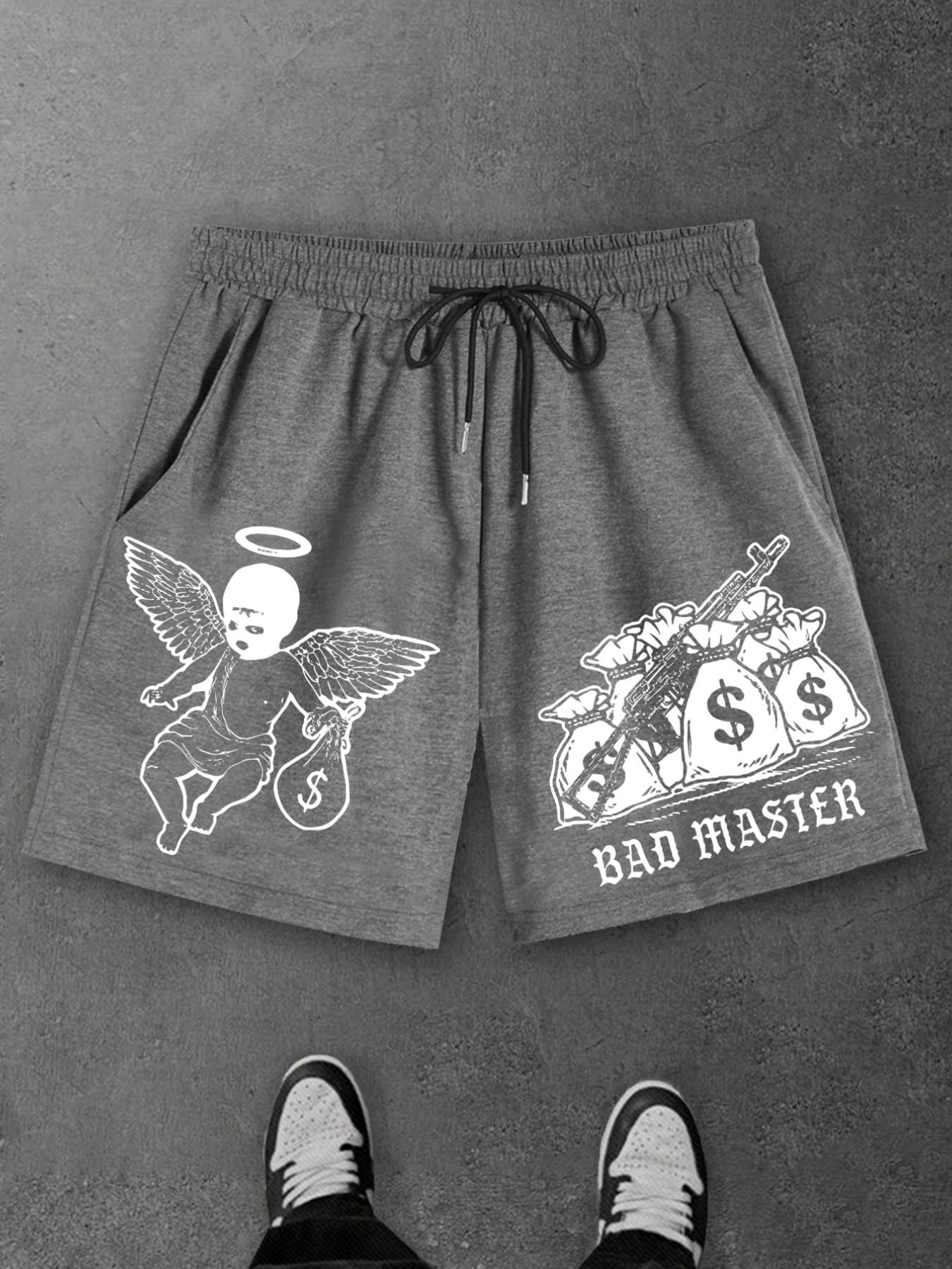 BAD MASTER Men's Streetwear Graphic Shorts - Y2K Dark Angel & Money Bag Print, Loose Fit Summer Bottoms for Urban Grunge & Punk Aesthetic Daily Outfits.