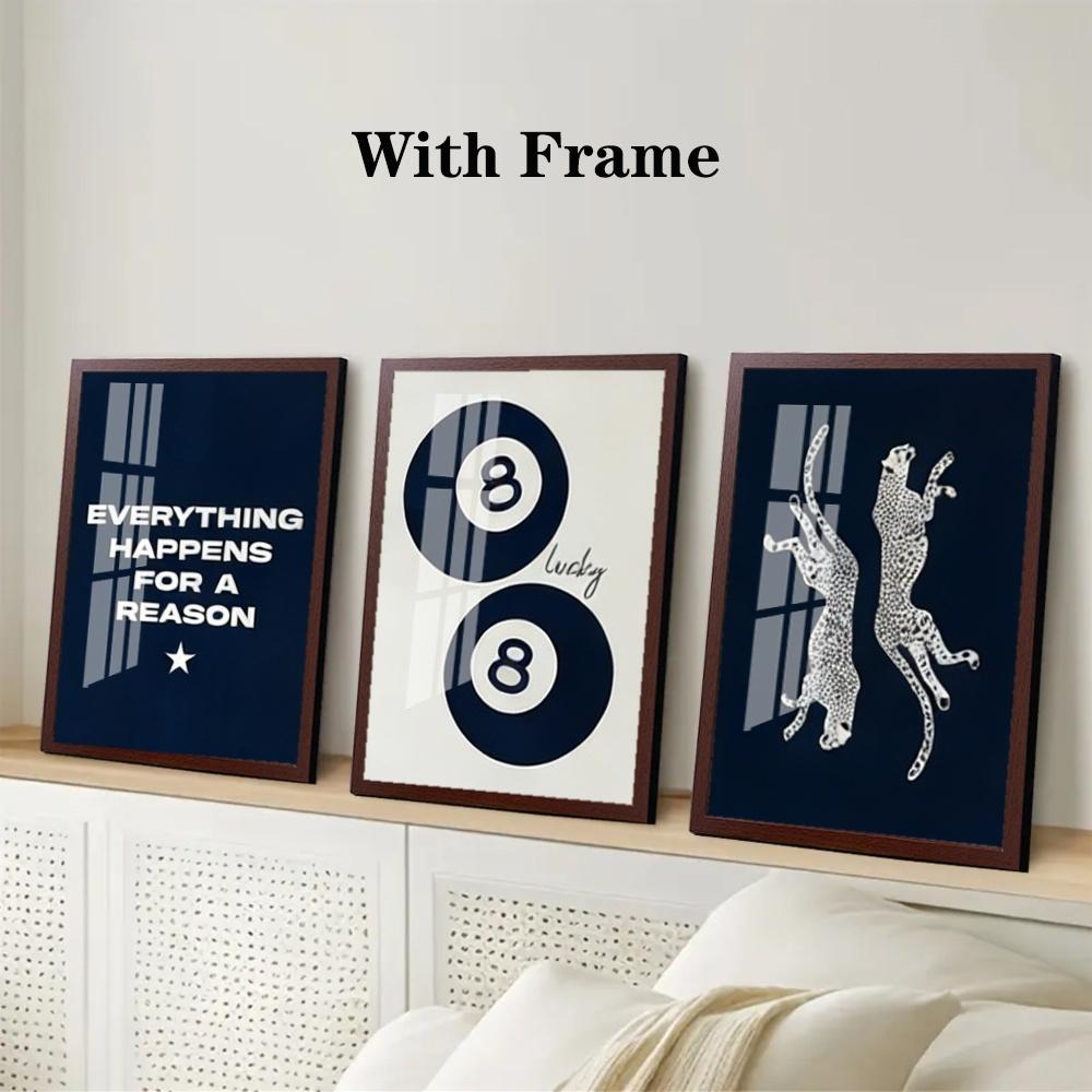 3-Piece Optional Wooden Frame Retro Navy Blue Leopard 8 Ball Animal Print Decor High Precision Color Micro-spray Moisture-proof Scratch-resistant Home Bar Living Room Decor