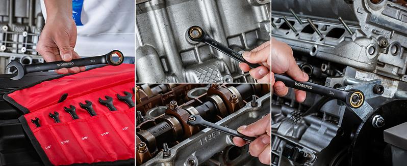 #JumpstartSale WORKPRO 9-Count Anti-Slip Ratcheting Combination Wrench Set, SAE 1/4"-3/4", 72-Tooth, Cr-V Constructed, Black Ratchet Wrenches Set with Roll Up Pouch