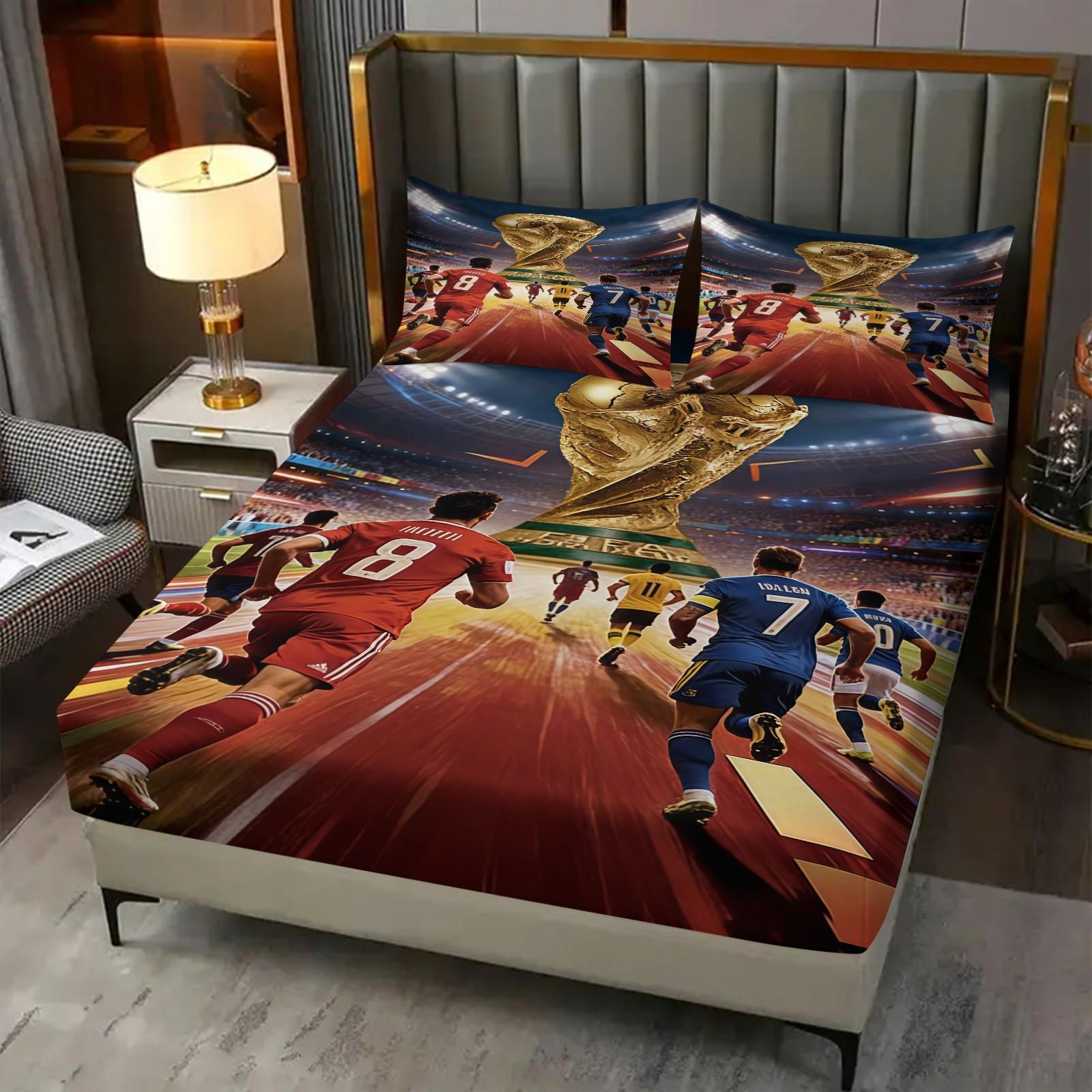 3-Piece World Cup Pattern Fitted Sheet Set, Soft And Durable Bedding Set, Including 1 Piece Flat Sheet And 2 Pieces Pillowcases, Daily Holiday Birthday Gift Bedroom Decorations For Kids And Adults