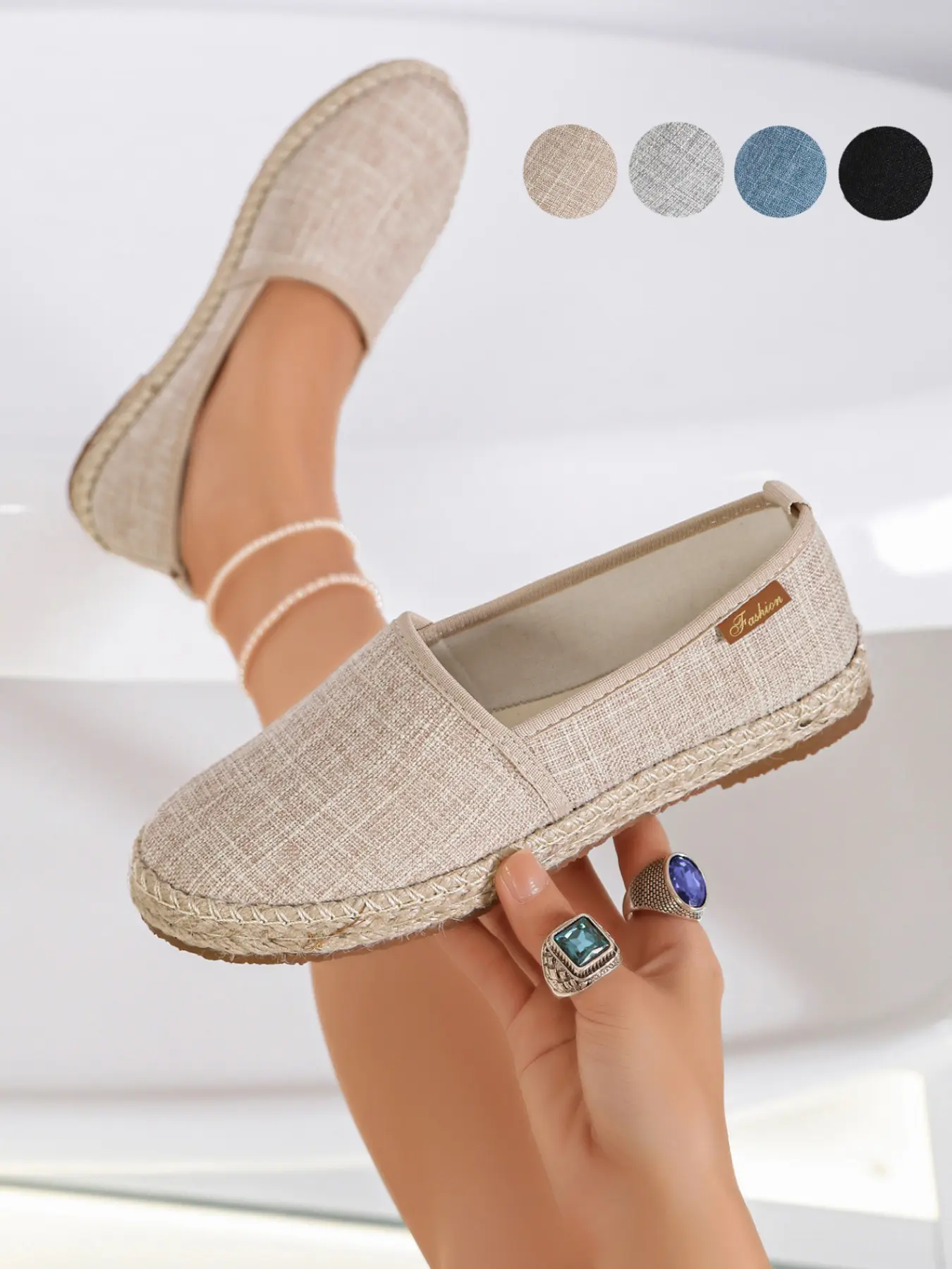 Women Solid Color Linen Slip-On Espadrilles, Breathable Woven Hemp Casual Flats, Multi-Color Lightweight Daily Commute Canvas Shoes, Comfort Portable Loafers for Daily Wear & Outdoor Walking