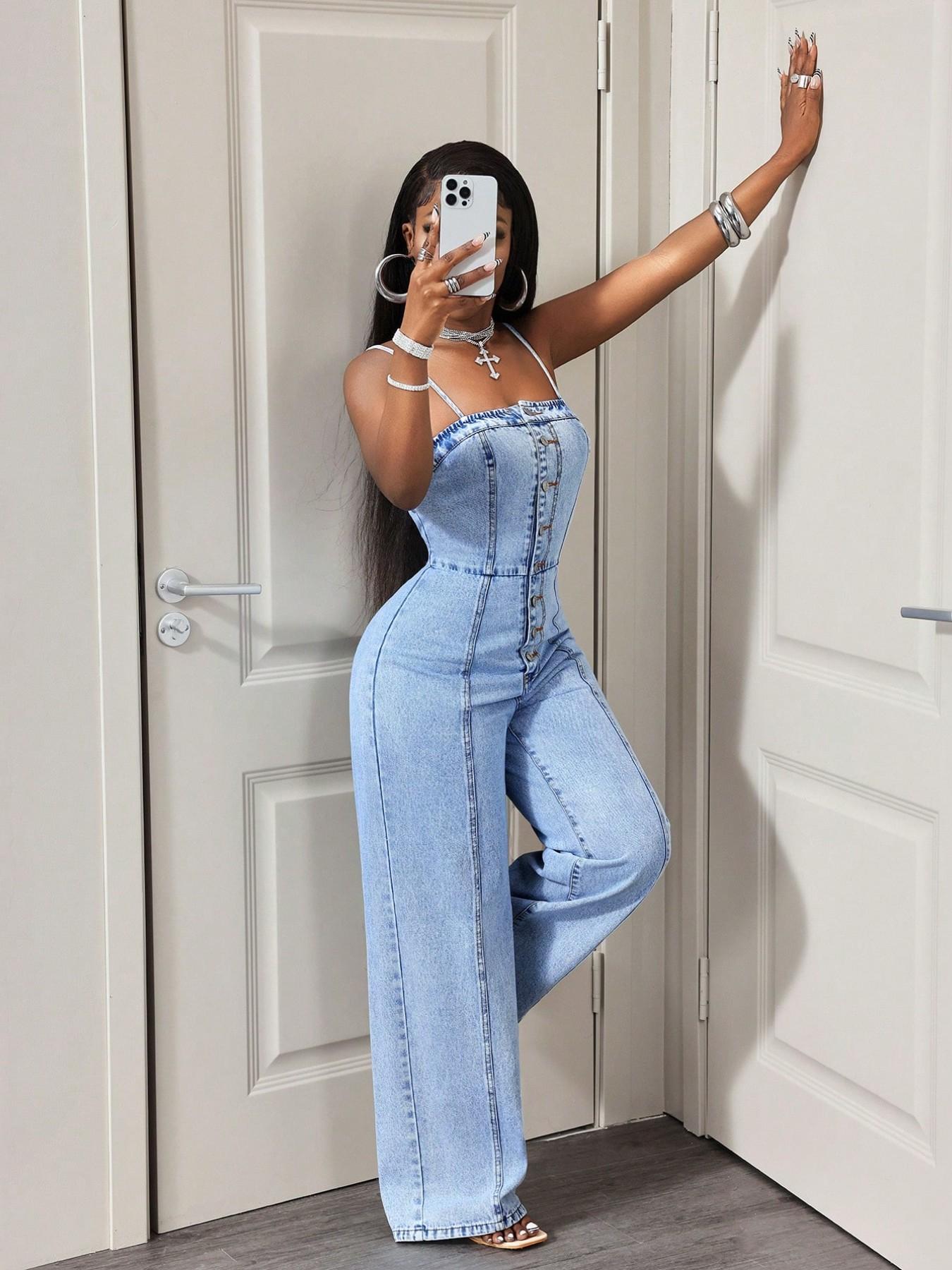 Women's Casual Denim Halter Backless Wide Leg Pants, Spring & Fall Fashion, Slim-Fitting Solid Pattern, Daily Wear Women's Casual Denim Halter Backless Wide Leg Pants, Spring & Fall Fashion, Slim-Fitting Solid Pattern, Daily Wear