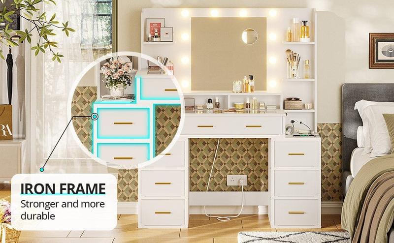 Sikaic Makeup Vanity with Mirror and Lights, 10x Magnifying Mirror & Power Outlets, Glass Top Vanity Desk Furniture Table