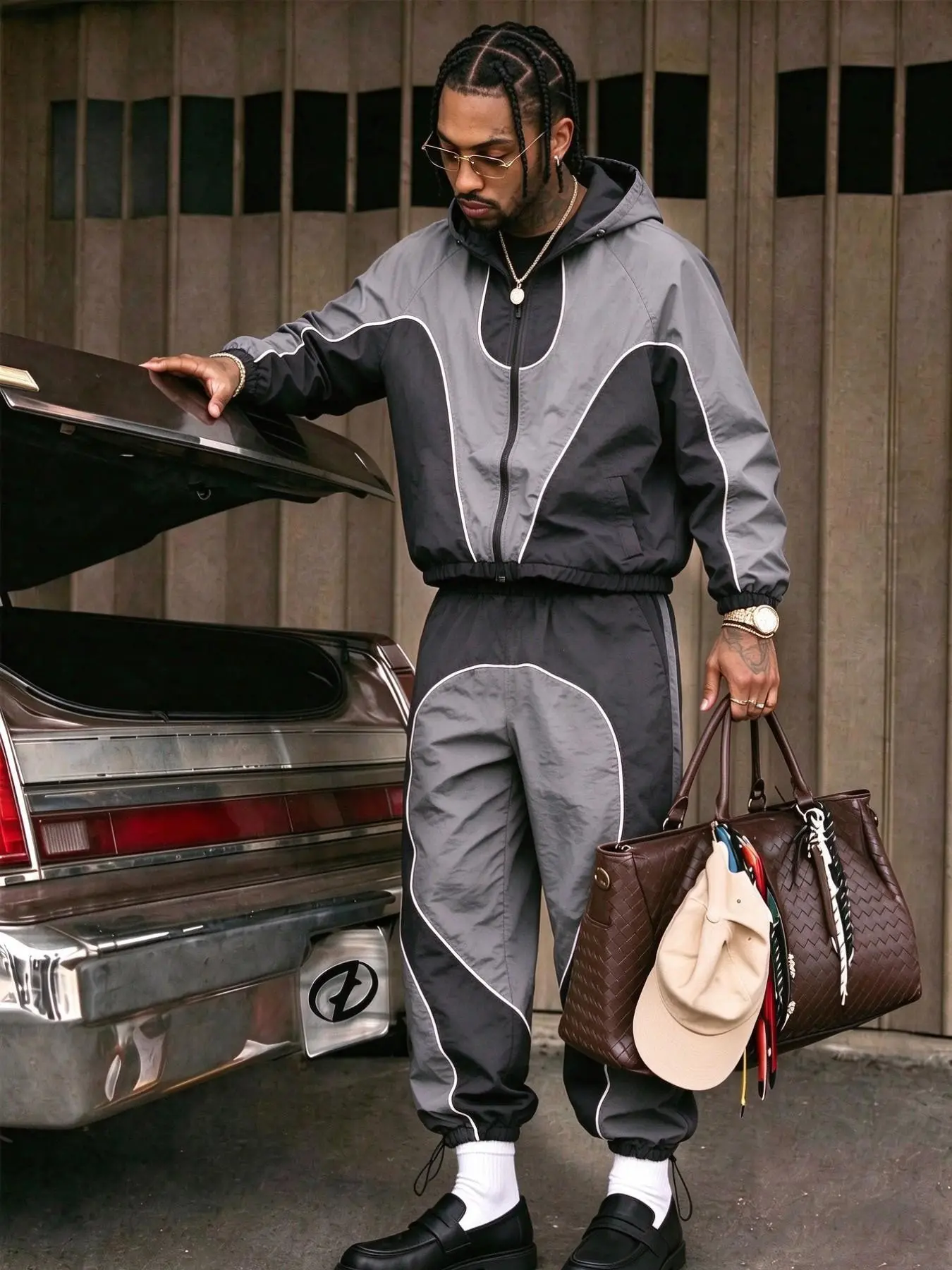 American Retro Colorblock Reflective Stripe Jacket Set, Men's Trendy Zipper Coat and Cuffed Pants, Streetwear Sportswear Two-Piece Set