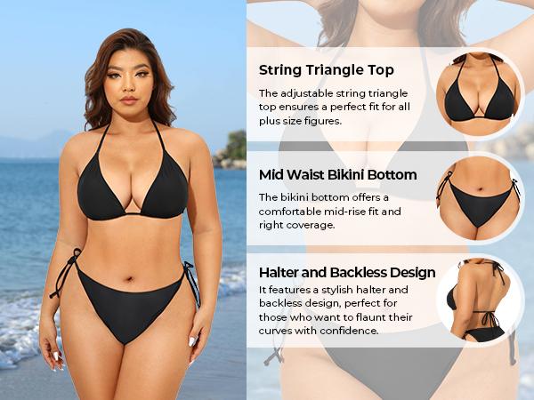 Tempt Me Women Plus Size Triangle Bikini String Two Piece Halter Tie Side Swimsuit Mid Waisted Bikini Sets for Women Plus Size Bathing Suit