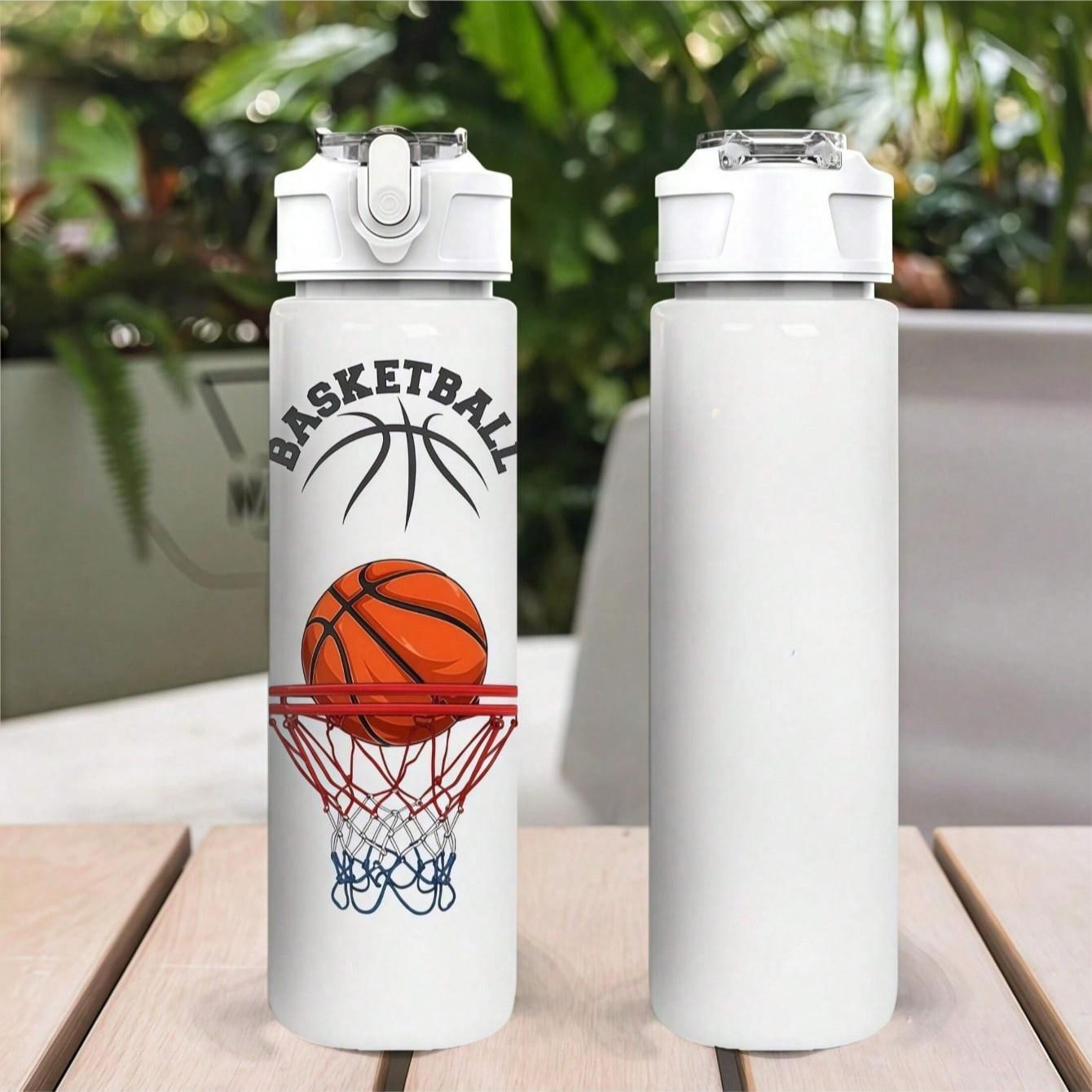 750ML Basketball Pattern Sports Water Bottle, Leak-Proof, Portable, Shatterproof, Pop-Top Lid, Ideal for Running, Birthday, Christmas Gifts