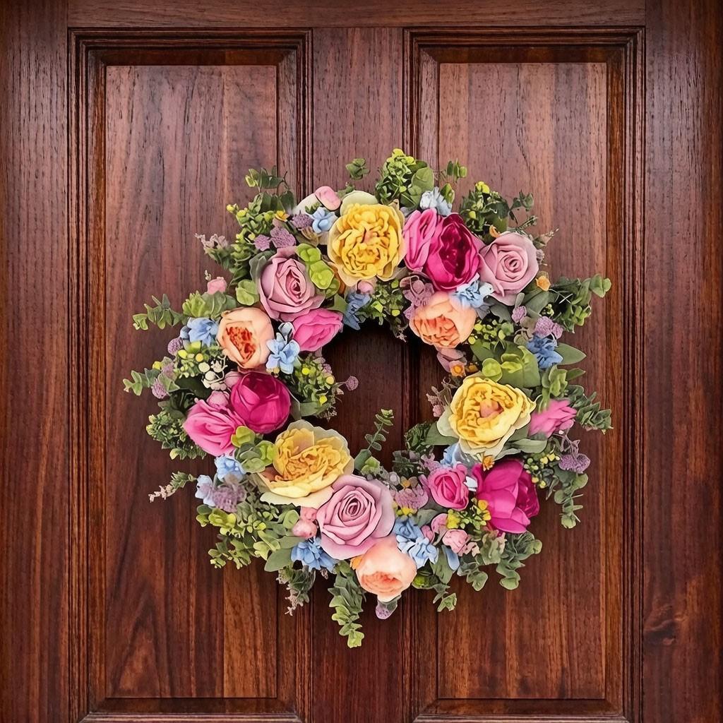 Spring Summer Artificial Flower Wreath, Mixed Rose Peony Dual Door Wreath, Handmade All-Season Wreath, Home Wedding Party Decor
