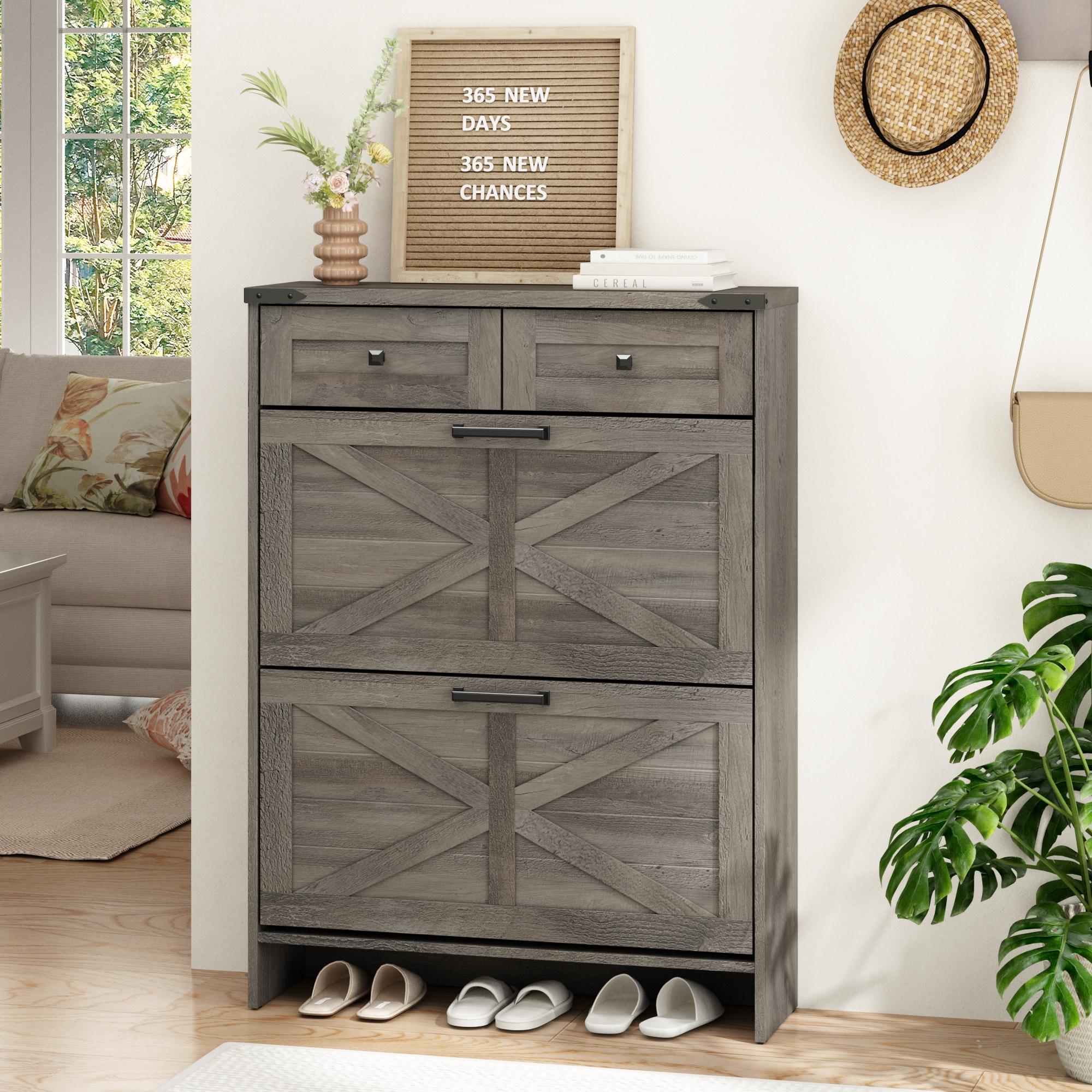 Farmhouse Shoe Storage Cabinet with 2 Hidden Flip Drawers & 2 Drawers – Narrow Freestanding Shoe Rack Organizer with Adjustable Shelves for Entryway