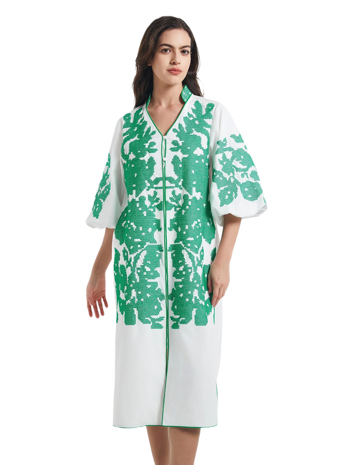 D-Sun Women Casual V-Neck Mid Dress Floral Embroidery 3/4 Sleeves Spring Summer Tunic Dress Loose Zip Party Dress with Pocket