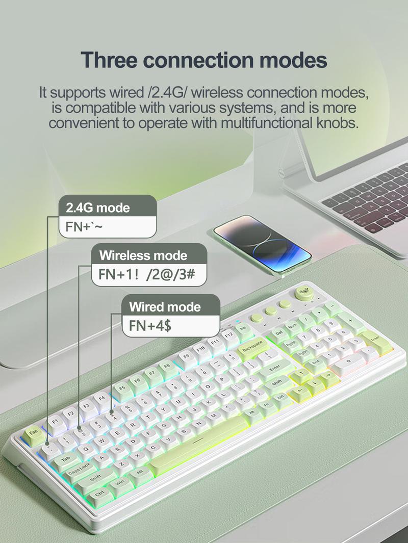 AULA F3099 three-mode, Rechargeable keyboard, 99-key layout, RGB lighting effects, color matching keycaps, ergonomic design, large-capacity battery, light-tone keys suitable for office use, multi-device compatible, plug-and-play, available for computer