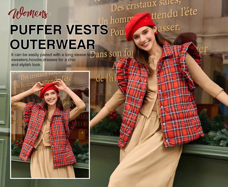 Tankaneo Women's Plaid Puffer Vests Ruffle Sleeveless Lightweight Quilted Vest Fall Winter Padded Gilets Coats