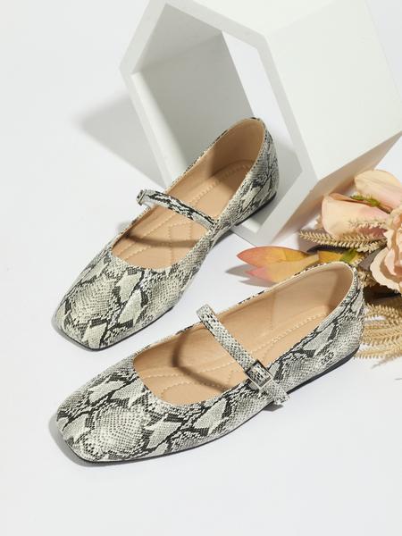 Women's Retro Snake Print Flat Mary Jane Shoes, Metal Buckle Slip-On Ballet Flats, Soft Sole Flats, Comfortable Low Heel Summer Shoes