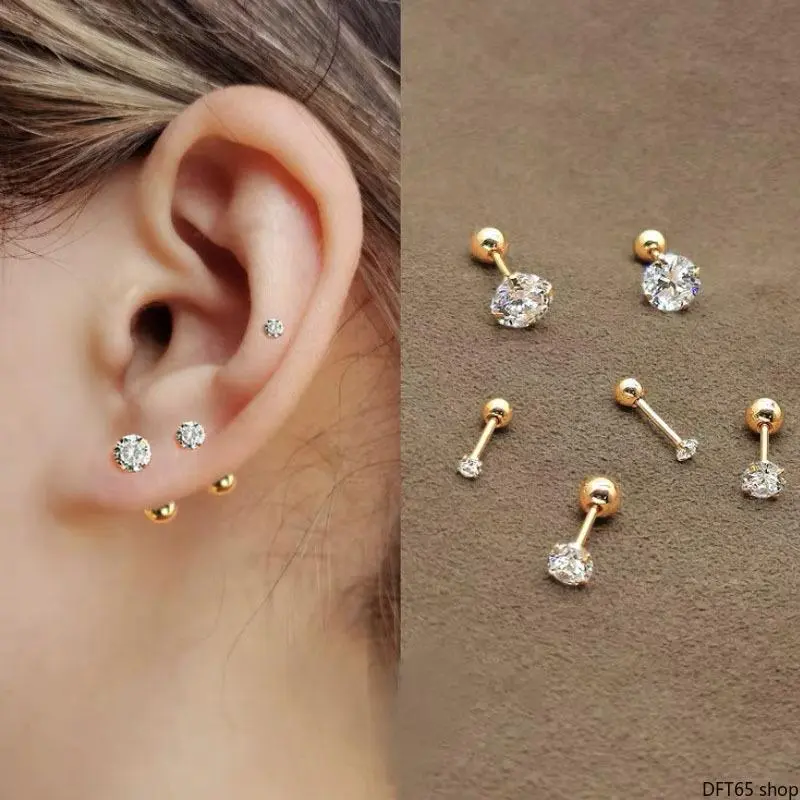 Women's Multi-Size Synthetic Gems Cubic Zirconia Stud Earrings, Simple Hypoallergenic Set with Flat Screw Backs for Comfort Fit & Daily Wear