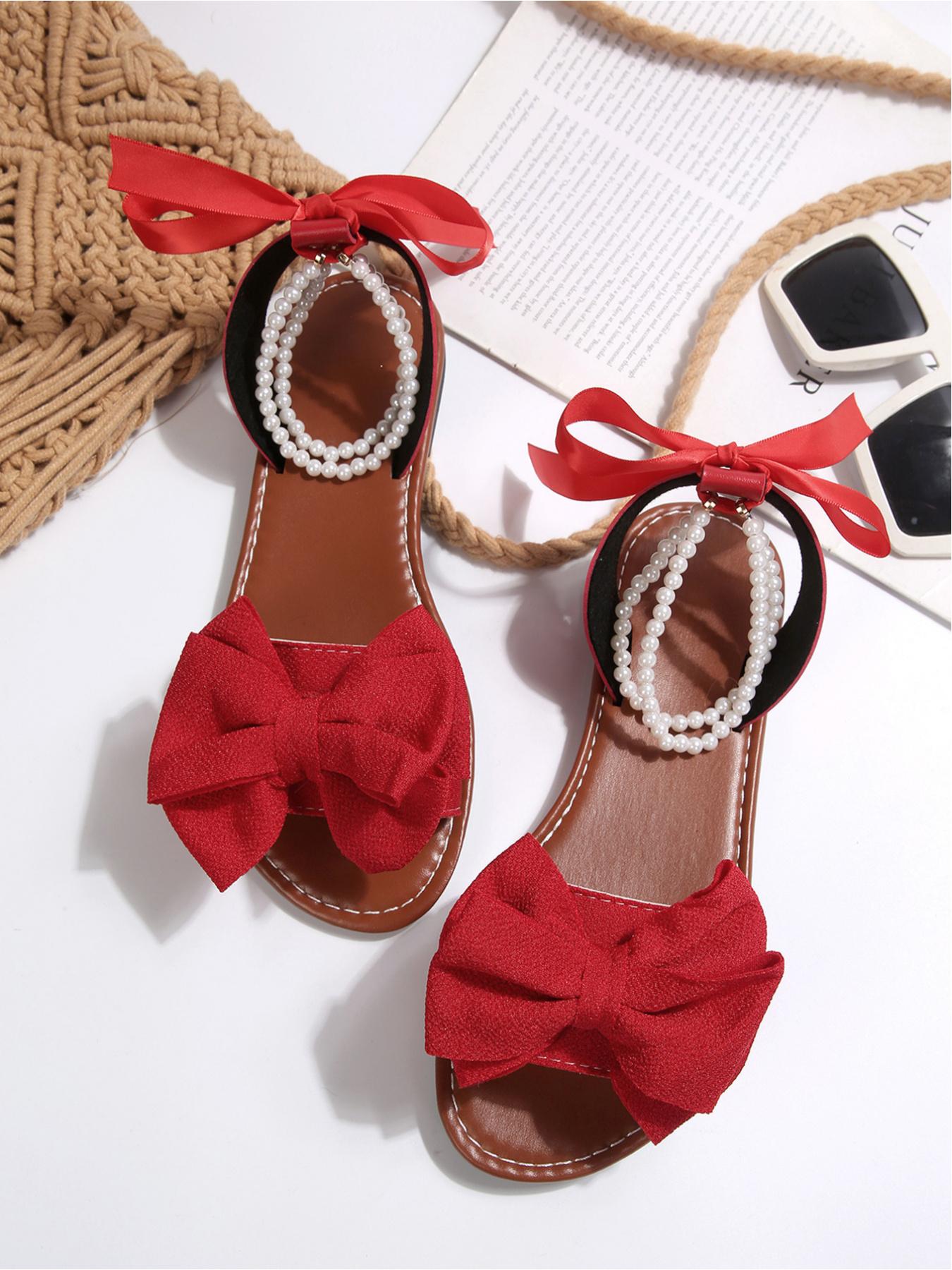 Women's Bow Decor Pearl Ankle Strap Flat Sandals, Open Toe Lace Up Bohemian Beach Shoes, Sizes 36-43 Multiple Colors