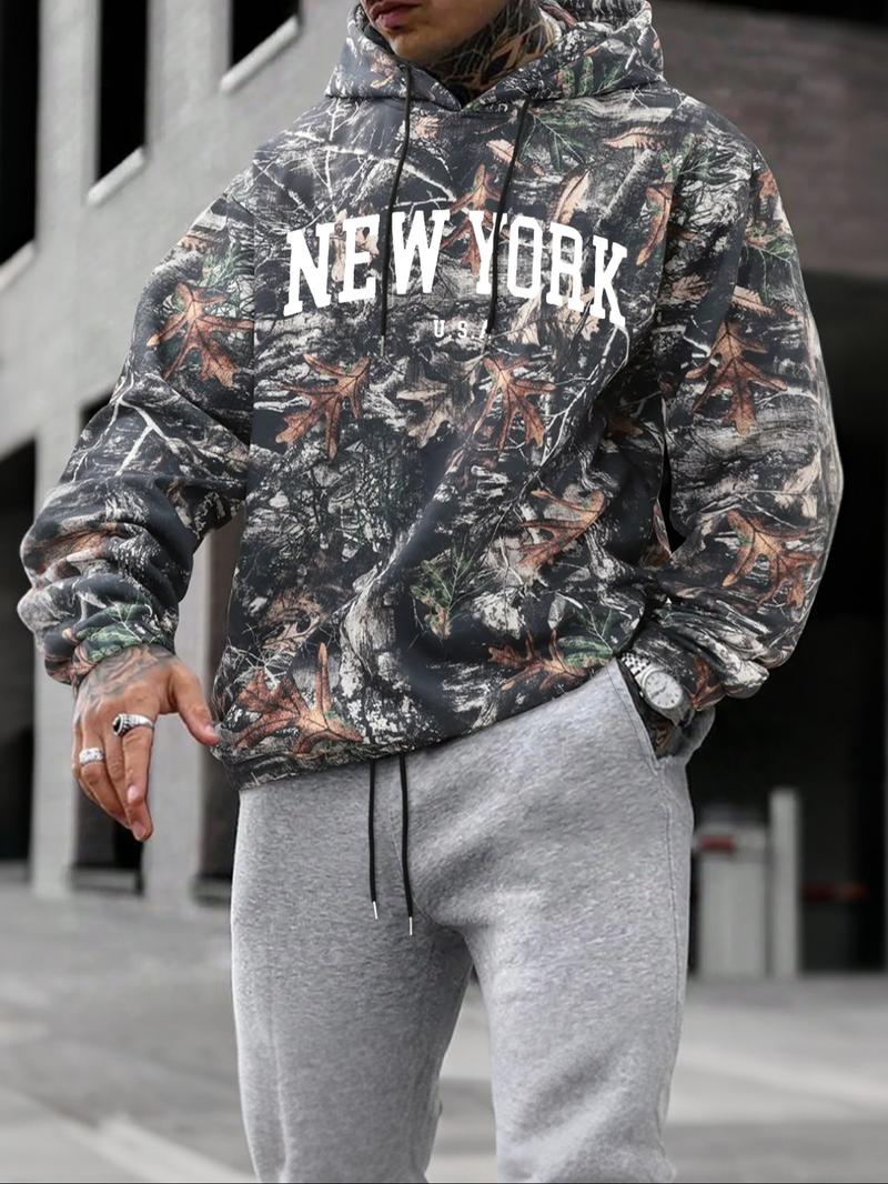 Men's Camo Print Hoodie, Regular Fit Casual Letter Print Long Sleeve Hooded Sweatshirt for Fall & Winter, Men's Top for Daily Wear