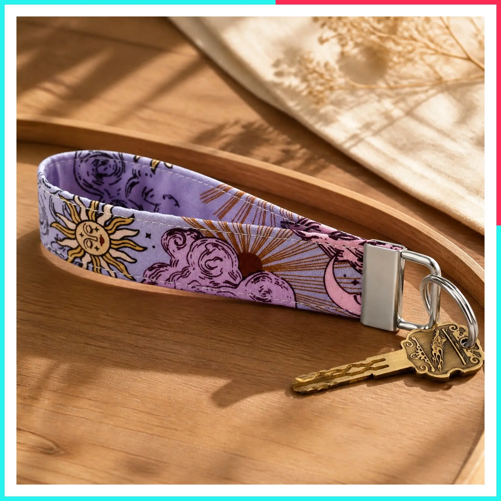 Printed Fabric Wristlet Keychain for Women with Metal Hardware